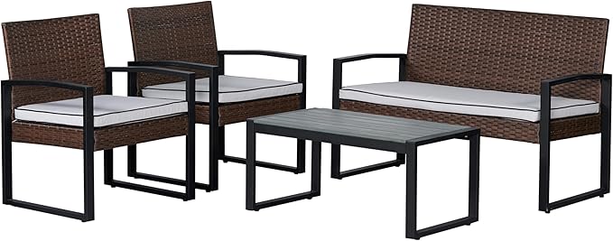 JONATHAN Y LVG1102B-4SET Elina 4-Piece Modern Coastal Faux Wicker Conversation Outdoor Patio Set Mid-Century, Classic, Transitional, Traditional, Minimalist, White/Black