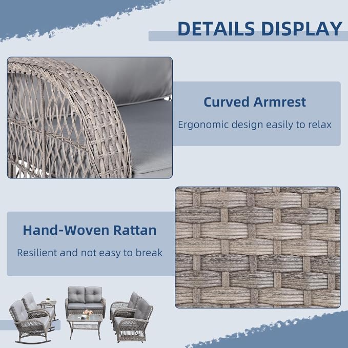 7-Piece Wicker Patio Furniture Sets Outdoor All-Weather Rattan Conversation Set Includes Glider Loveseat, 2 Glass-Top Coffee Tables, 2 Glider-Rocker Chairs for Porch Backyard, Gray