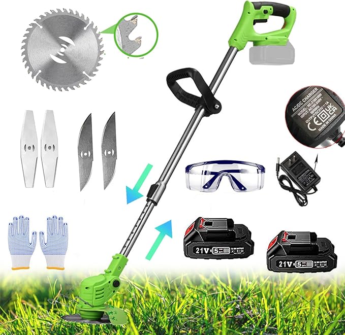 Weed Wacker Battery Operated, 21v 3 in 1 String Trimmer Cordless with 2 * 2.0ah Li-Ion Battery Powered & 3 Cutting Blade Types Edger Lawn Tool Extends from 35" to 47" 1