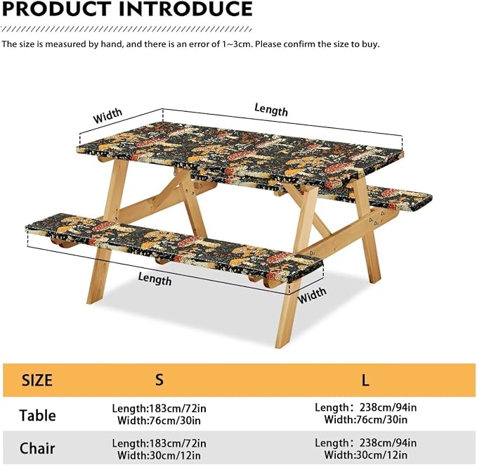 Mushroom Picnic Table Cover with Bench Covers, Beach Waterproof Outdoor Table Cover, Picnic Table Covers with Elastic Suitable for Camping Party Travel Camping