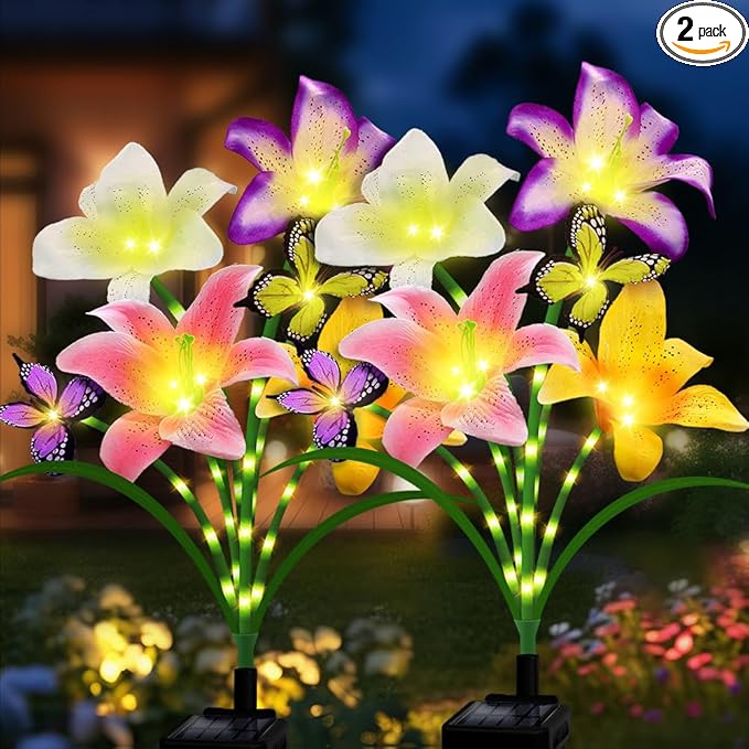 Solar Lights Outdoor, Gift for Women Mom Grandma Wife, 2 Pack 8 Solar Lily Flower Lights With 4 Butterfly Decor, Solar Flower Lights Waterproof, Outside Decor Stake Light for Landscape Yard Patio Lawn