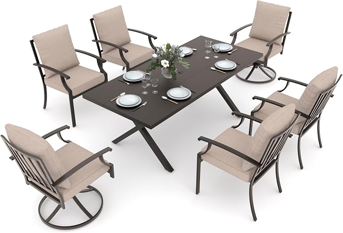Gotland 7 Piece Outdoor Dining Set, Metal Outdoor Table and Swivel Chairs with X-Shaped Legs 1.5" Umbrella Hole, Patio Furniture Set with Waterproof Cushions, Patio Dining Sets for Backyard Deck Khaki