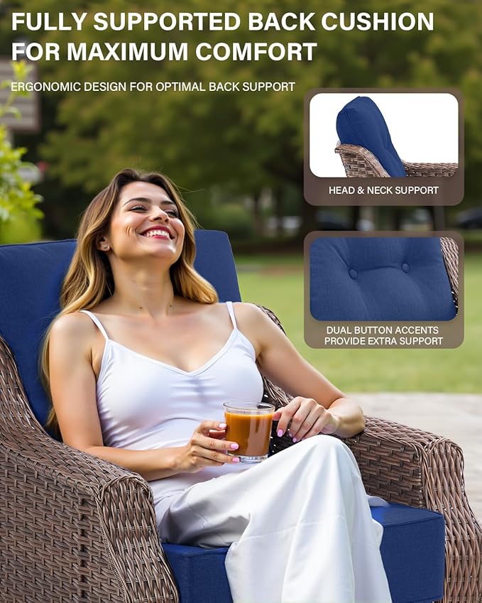 Belord Wicker Patio Furniture Set with 41” Fire Pit Table - Swivel Rocker Glider Outdoor Chairs with Sofa and Glass Top Side Table, All-Weather Removable 6" Blue Seat Cushion for Warm Patio Evenings