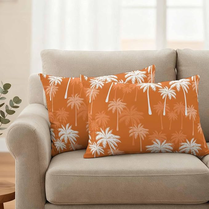 Lumbar Pillow Covers 20x12 Inch Set of 2, Tropical Palm Tree Waterproof Outdoor Pillow Covers, Orange White Plants Coastal Leaf Beach Decorative Cushion Pillowcases for Couch, Sofa, Bed, Garden, Patio