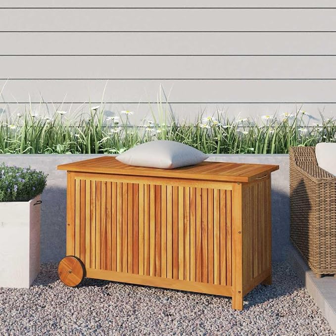 Patio Storage Box with Wheels Solid Wood Acacia 35.4"x19.7"x22.8" Outdoor Deck Cushion Container Chest Weather Resistant Lockable Pool Toy Organizer