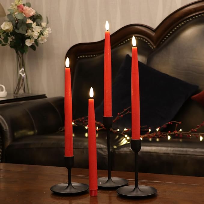 Rhytsing 29cm Flameless Taper Candles with Timer, Battery Operated Dinner Table Long Candlestick Rustic Wax, Warm White LED, 2 Remotes Included - Set of 6 (Red)
