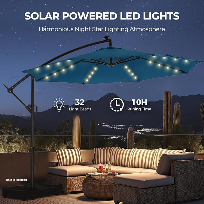HOMSHADE 10ft Solar Lights Offset Cantilever Patio Umbrella - with Light and Base, LED Lighted Offset Hanging Patio Outdoor Market Umbrella UPF50+ UV Protection with Easy Tilt and Crank (Peacock Blue)