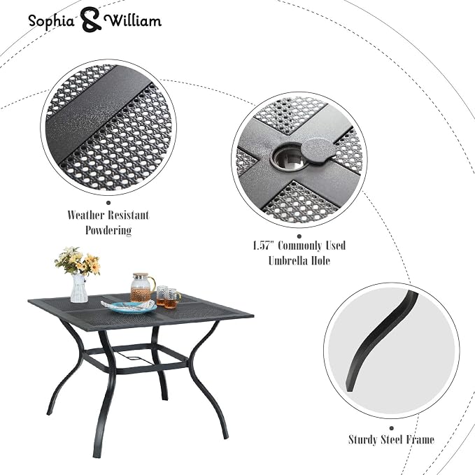 Sophia & William Metal Outdoor Dining Table, Square Mesh Patio Table with 1.57" Umbrella Hole, Coffee Bistro Table for Garden Lawn, 37"x 37"