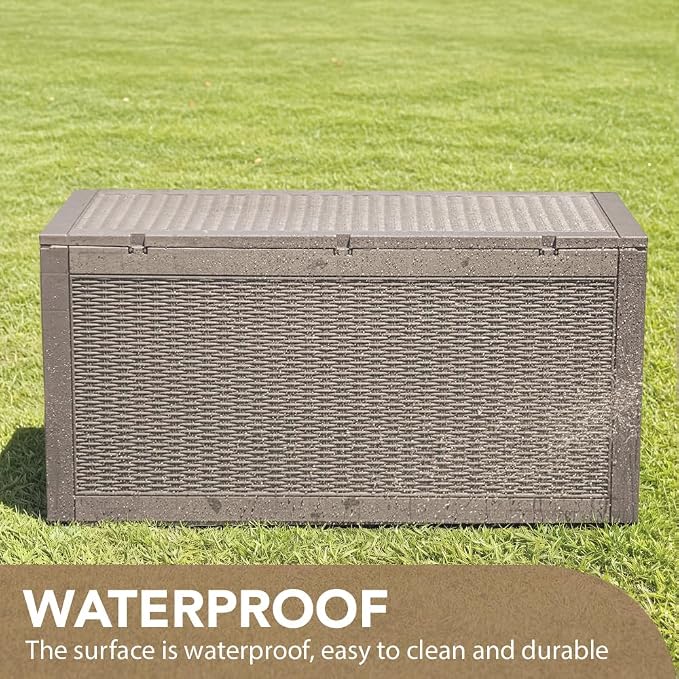 Devoko 95 Gallon Deck Box Large Resin Outdoor Storage Box, Waterproof and UV Resistant Lockable for Outdoor and Patio, Large Storage Cabinet for Patio Furniture, Tools and Pool Supplies, Light Brown