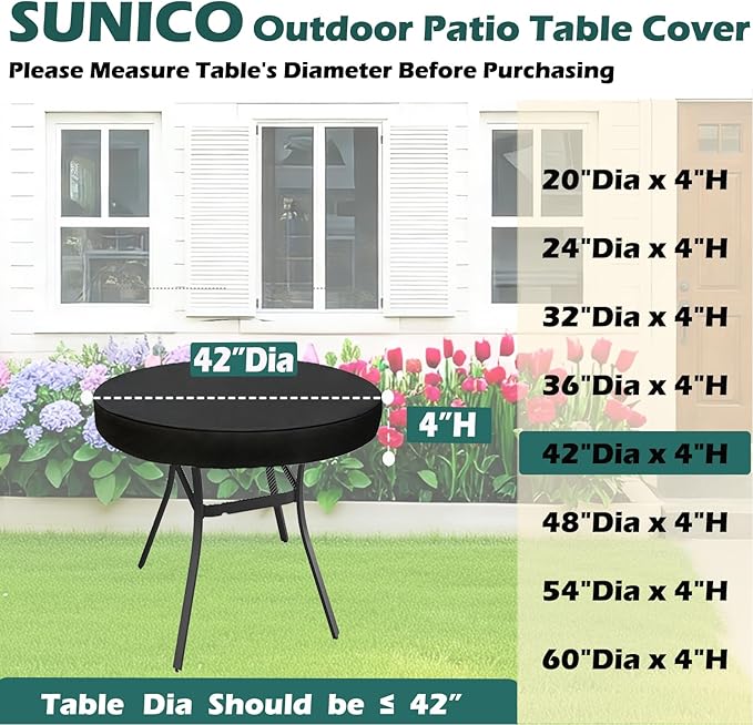 SUNICO Outdoor Round Table Cover 42" Dia, Patio Table Cover Round for Patio Circle Coffee Table & Dining Table & Picnic Table.Windproof, Waterproof, Stain-Resistant, Durable Table Cover