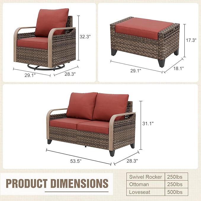 Modern Wicker Patio Furniture Set, Rattan Outdoor Conversation Set with Comfortable Cushions, 2 Swivel Rocking Chairs, 2 Seat Loveseat and 2 Ottomans, 5 Pieces, Brown/Red