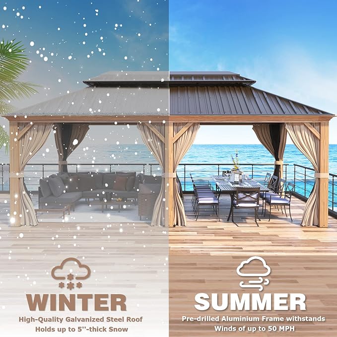 EROMMY 12'x20' Hardtop Gazebo, Wooden Finish Coated Aluminum Frame Pergola with Galvanized Steel Roof, Outdoor Metal Gazebos with Curtains and Nettings for Patio, Backyard, Deck and Lawns