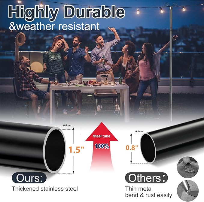 String Light Poles for Outside 10 FT, 2 Pack Outdoor Patio Poles for Hanging String Lights, Heavy Duty Metal Posts with Auger Ground Anchor, 1.5 inch Diameter Adjustable Garden Light Stands for Yard