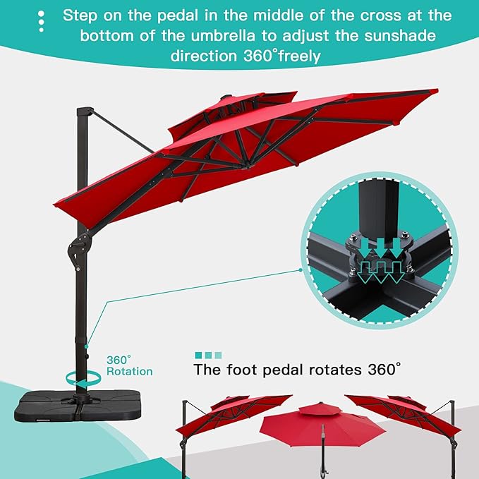 Sunnyglade 11FT Double Top Cantilever Patio Umbrella Deluxe Offset Umbrella 360° Rotation & Integrated Tilting System Heavy Duty Outdoor Umbrella for Market Garden Deck Pool Backyard Patio(Red)