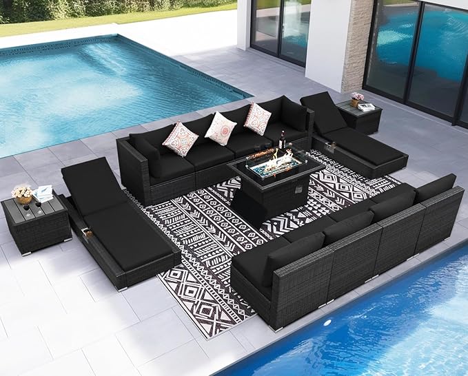 NICESOUL 13 Piece Outdoor Sectional w/Fire Pit Table, Luxury Modular Patio Furniture Set w/Chaise Lounge, Plus 29.3'' High-Back Seating Sofa, All-Weather Deck Couch for Poolside, Yard, Grey & Black
