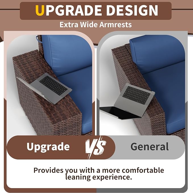Outdoor Patio Furniture Set, Wide Outdoor Sectional Rattan Sofa Set, Wicker Patio Conversation Set w/Cover for Deck, Poolside, Porch, 8 PC (Brown & Navy)
