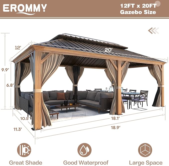 EROMMY 12'x20' Hardtop Gazebo, Wooden Finish Coated Aluminum Frame Pergola with Galvanized Steel Roof, Outdoor Metal Gazebos with Curtains and Nettings for Patio, Backyard, Deck and Lawns
