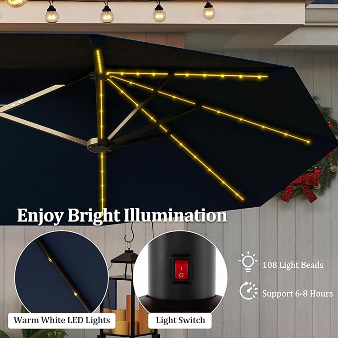 HAPPYGRILL 13 FT Double-sided Patio Umbrella with Solar Lights, Crank Handle & 12 Heavy-Duty Ribs, Outdoor Twin Size Oversized Rectangle Market Umbrella for Garden Deck Poolside