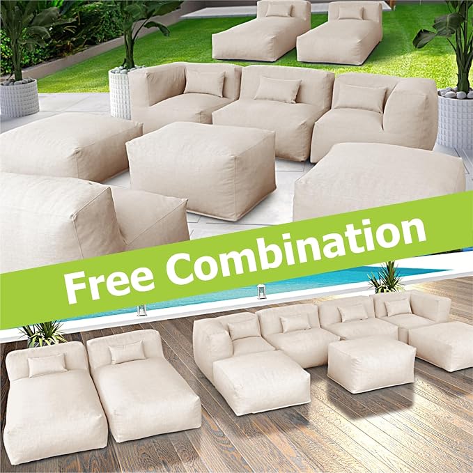Dineli ANNYH Patio Modern Outdoor Furniture Sectional Conversation Set - Combines 2Lounger 2Middle 2Corner 3Ottoman Exp Foam Filled Chairs.A Unique Modular Contemporary Sofa (Light Beige)