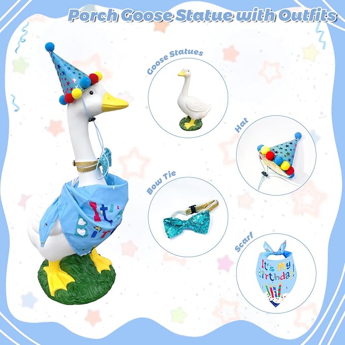 Porch Goose Statues with Outfits - 20" Large Durable Resin Goose Statue Decor with Birthday Outfit Set, Funny Big Duck Sculpture, for Garden Lawn Yard Entryway Accent Decoration