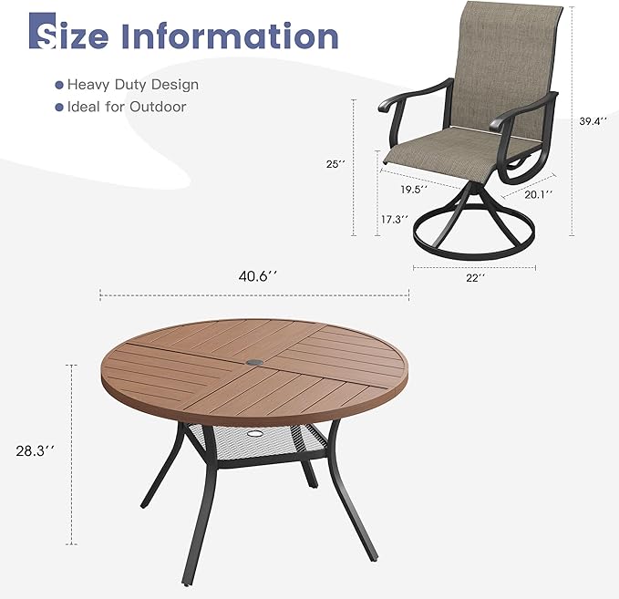 VICLLAX 5 Pieces Patio Dining Set, Patio Furniture Set of 4 Patio Swivel Dining Chairs and 40.6" Patio Spliced Round Tabletop with Storage Shelf, Mixed Brown Chairs & Walnut Tabletop