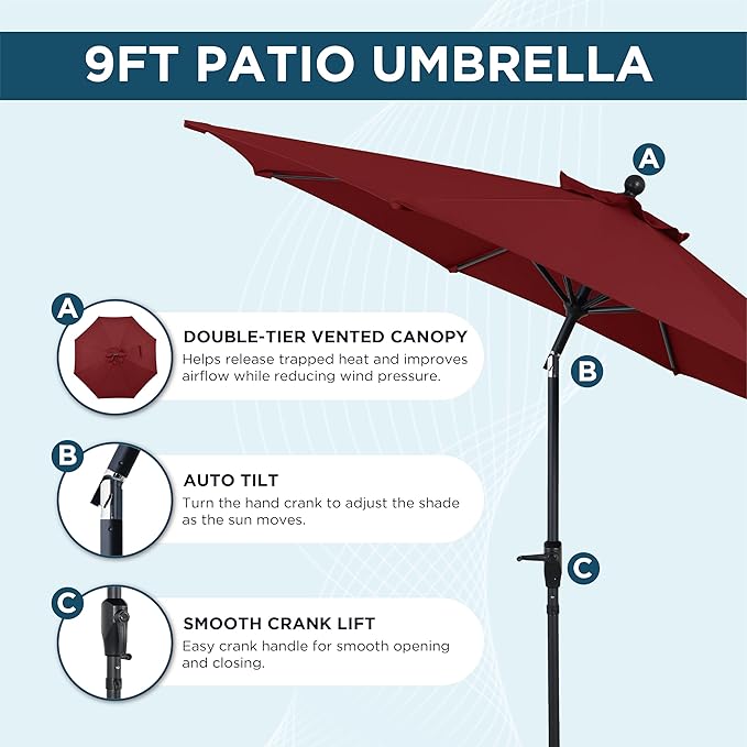 9FT Outdoor Patio Umbrella with Crank Lift & Auto Tilt - Market Umbrella, 8 Heavy-Duty Ribs, UV Resistant & Water-Repellent for Garden, Deck, Poolside & Backyard