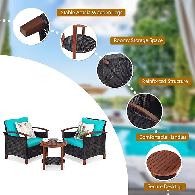 HAPPYGRILL 3-Piece Patio Conversation Set Outdoor Rattan Wicker Sofa Set with Cushion and Acacia Wood Frame Table and Chairs Set for Garden Poolside Balcony