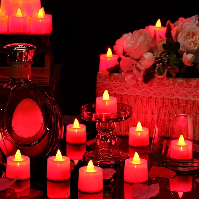 Coume 6000 Pcs Artificial Rose Petals with 72 Pcs Flameless LED Candles Romantic Decorations Fake Candles Anniversary Decorations for Valentine's Day Wedding Night(Red with Red Series Petal)