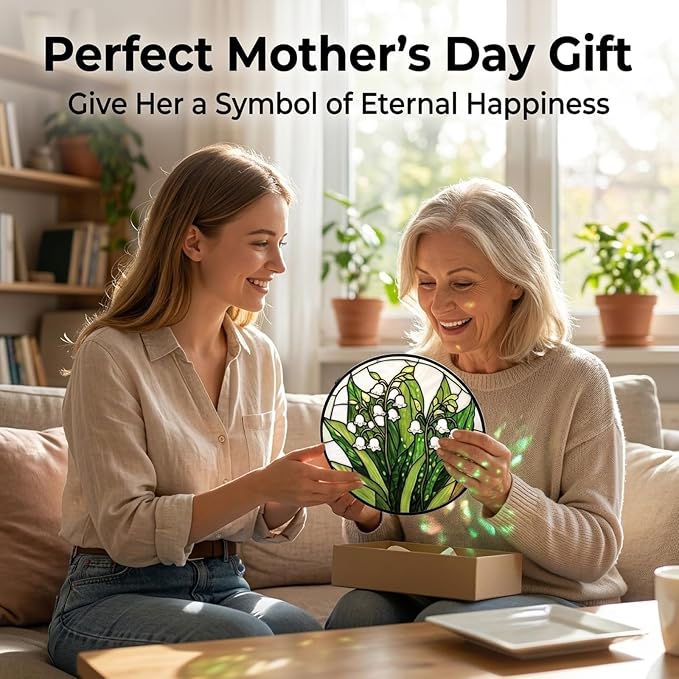 Birthday Gifts for Women - Lily of the Valley Faux Stained Glass Window Hanging Sun Catcher for Door Garden Acrylic Decor Mother's Day Christmas May for Mom Nana Grandma Sisters 9.8"