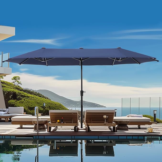 GREEN PARTY 13ft Rectangle Patio Umbrella, Double Sided Outdoor Table Umbrella with Crank & 1.5" Pole, Large Market Umbrella for Poolside Garden Deck Backyard, Navy Blue