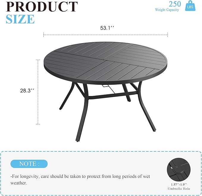 VICLLAX 53" Round Patio Table with Umbrella Hole, All Weather Metal Outdoor Dining Table for 6-8, Outside Table for Lawn Garden, Black