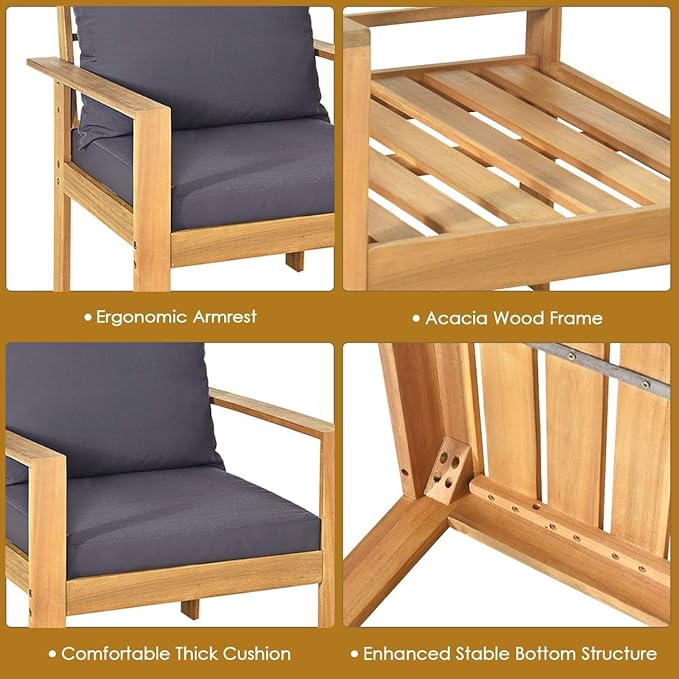 HAPPYGRILL 4 Pieces Wood Patio Conversation Set, Outdoor Furniture Sofa Table Set, Cushions, Acacia Wood Chairs & Coffee Table Set for Garden Backyard Poolside
