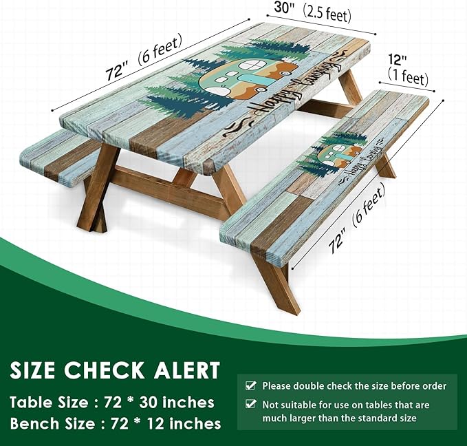 Picnic Table Cover with Bench Covers Elastic Edges, Green Camper Fitted Table Cover, Outdoor Patio Camping Essentials 72 Inch 3PCS, Waterproof Camping Fitted Tablecloth with Drawstring Bag