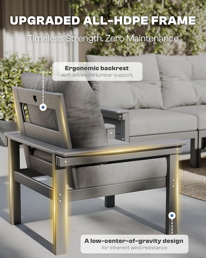 Grey HDPE Patio Sofa Set, 4-Piece Sectional Outdoor Patio Furniture Set, All Weather Outdoor Couch Set with Coffee Table & Washable Thick Cushions for Balcony, Porch, Poolside
