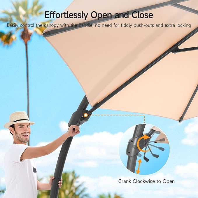 11 FT Outdoor Patio Umbrella with Base, Aluminium Curved Cantilever Umbrella, Large Round Hanging Offset Umbrella with Unlimited Position Adjustment and 360°Rotation for Market Garden Pool, Champagne