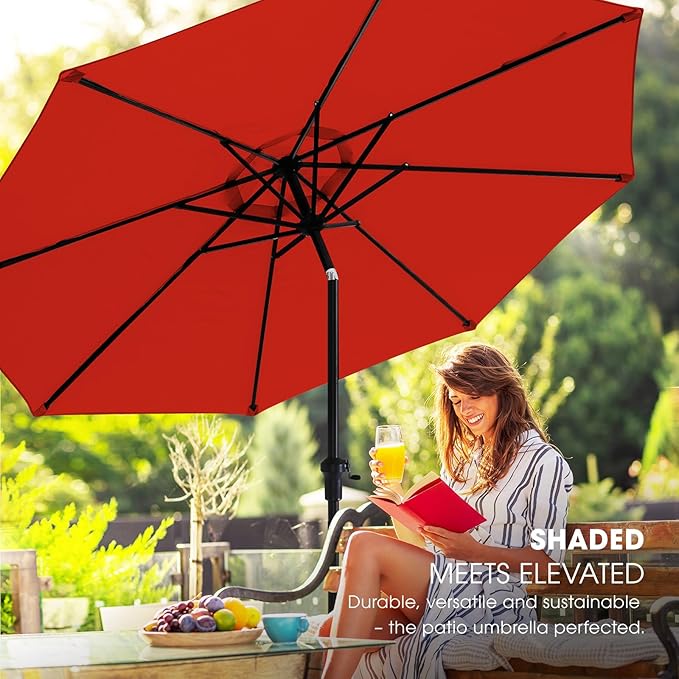 wikiwiki 11FT Patio Umbrella with Base, Outdoor Umbrellas with Base Included, 8 Sturdy Ribs, Waterproof Fade Resistant POLYESTER DTY Canopy for Deck, Lawn, Garden, Backyard & Pool, Red