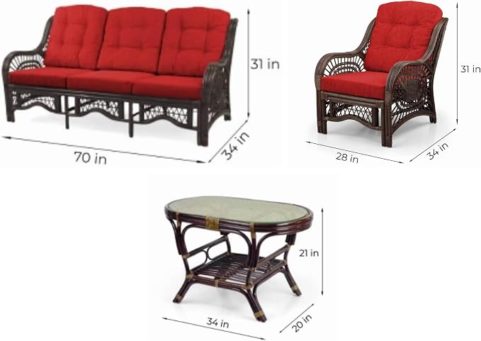 Malibu Lounge Set of 4: 2 Natural Rattan Wicker Chairs, Three-Seater Sofa with Cushions and Coffee Table with Glass Handmade, Dark Brown Color