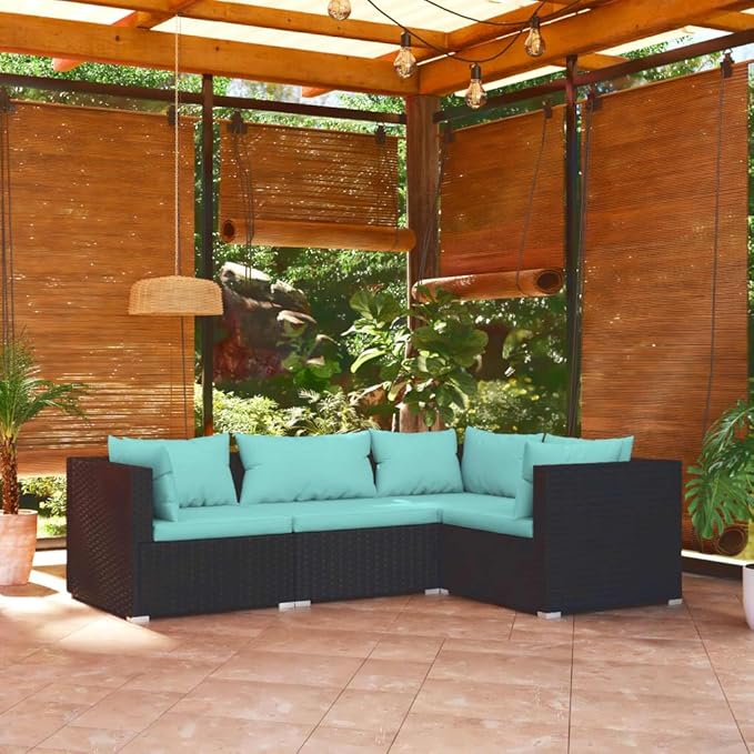 4 Piece Patio Lounge Set with Cushion, Outdoor Patio Sectional Furniture Conversation Sets Patio Lounge Set Piece Patio Set s Poly Rattan Black
