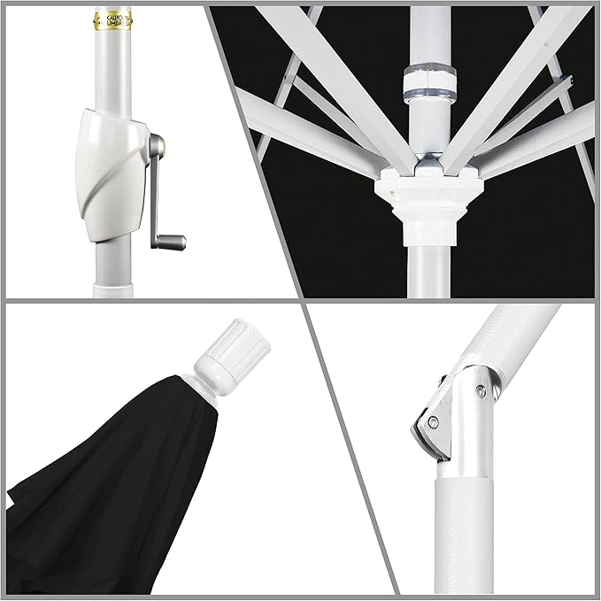 California Umbrella 7.5' Round Aluminum Market Umbrella, Crank Lift, Push Button Tilt, White Pole, Black Olefin