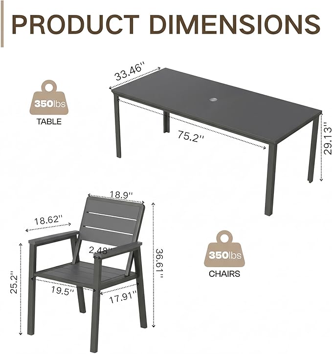 Kingdura 7 Piece Patio Dining Set for 6, HDPE & Aluminum Outdoor Table & Chairs with Umbrella Hole, All-Weather Outdoor Furniture Patio Conversation Set for Lawn Pool Backyard, Grey