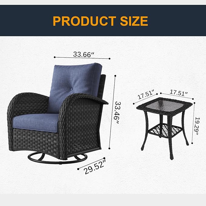 3 Pieces Outdoor Wicker Patio Swivel Rocking Chairs, All Weather Wicker Conversation Set with Side Table