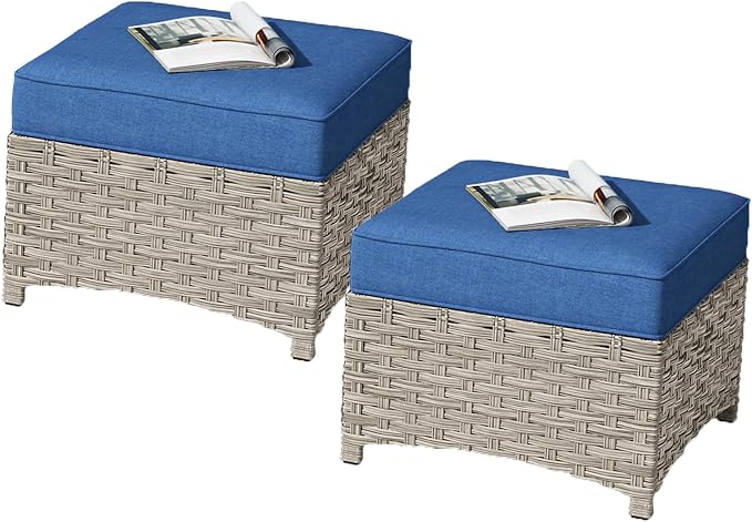 HOOOWOOO 2 Piece Patio Ottoman Set,Outdoor Wicker Ottomans,All Weather Resistant Rattan Deck Ottoman Matching Furniture(Denim Blue)
