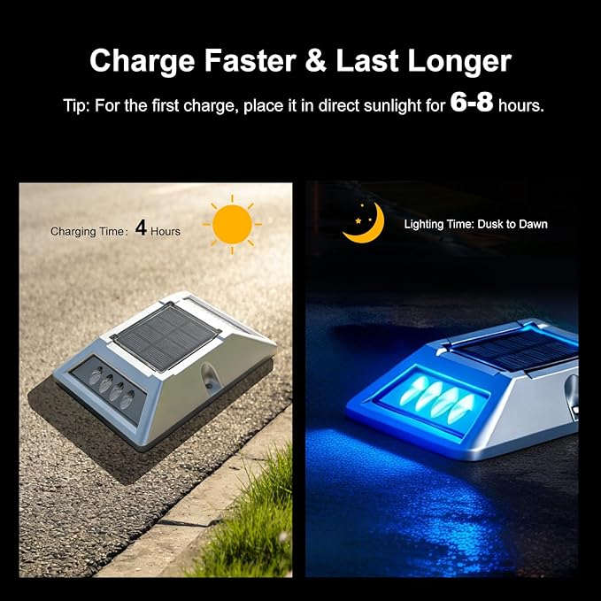 VATION LIGHTING Solar Driveway Lights 2 Pack, 2 Colors in 1 Dock Lights Solar Powered IP67 Waterproof, Aluminum Marker LED Outdoor Deck Lights for Sidewalk Garden Pathway Lake Yard(White/Blue)