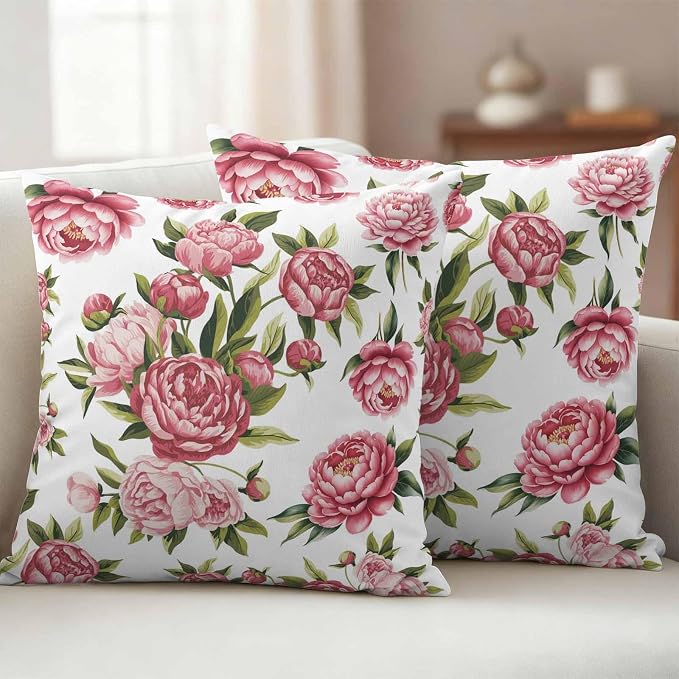 Pink Floral Outdoor Pillow Covers 16x16 Inch Throw Pillow Covers Set of 2 Waterproof Decorative Pillow Cases Pastoral Botanical Leaves Farmhouse Rustic Cushion Covers for Patio Furniture Garden Couch