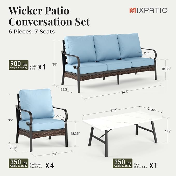 Patio Furniture Set with Coffee Table, Outdoor Conversation Set with 4 x Fixed Chairs, 1 x 3-Seat Sofa for Lawn Garden Backyard, Blue