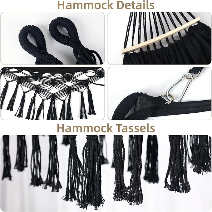Portable Hammock, Hanging Hammock with Tassels and Fishtail Knitting, 320GSM Hanging Bed with Set Full Accessories for Outdoor Camping Patio Balcony Black