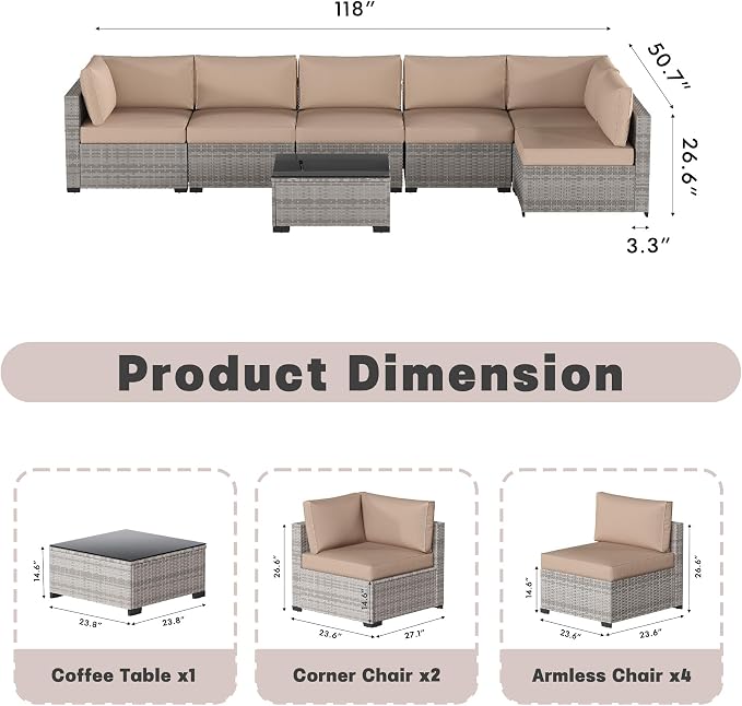 Patio Furniture Set, 7-Piece Outdoor Sectional Couch with Coffee Table & Thick Cushions, Outdoor Wicker Conversation Set for Backyard, Poolside, Garden (Grey White-Camel, 7 Piece-Single)
