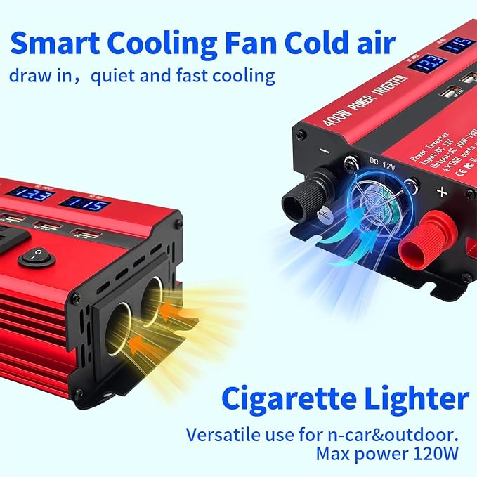 400W Power Inverters for Vehicles, Car Power Inverters DC 12V to 110V AC Car Plug Adapter Outlet with 2 Type-C (Equip with 2 USB), Fast Charger for Phone, Laptop (Red, 400W)