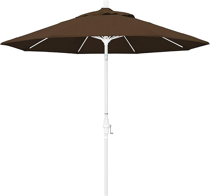 California Umbrella 9' Round Aluminum Pole Fiberglass Rib Market Umbrella, Crank Lift, Collar Tilt, White Pole, Teak Olefin