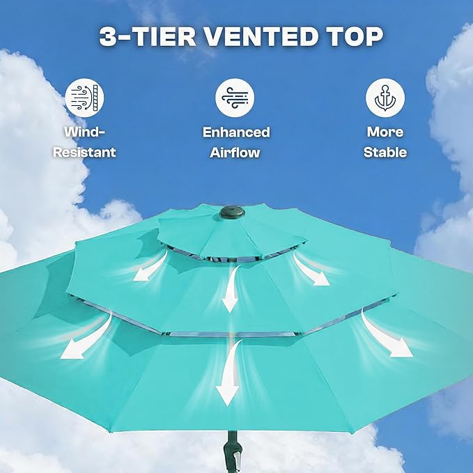 10ft 3-Tier Patio Umbrella with 32 Solar Powered LED Lights, Windproof Outdoor Market Umbrella for Deck, Poolside & Garden, Sturdy Push-Button Tilt Table Umbrella, Aqua Blue
